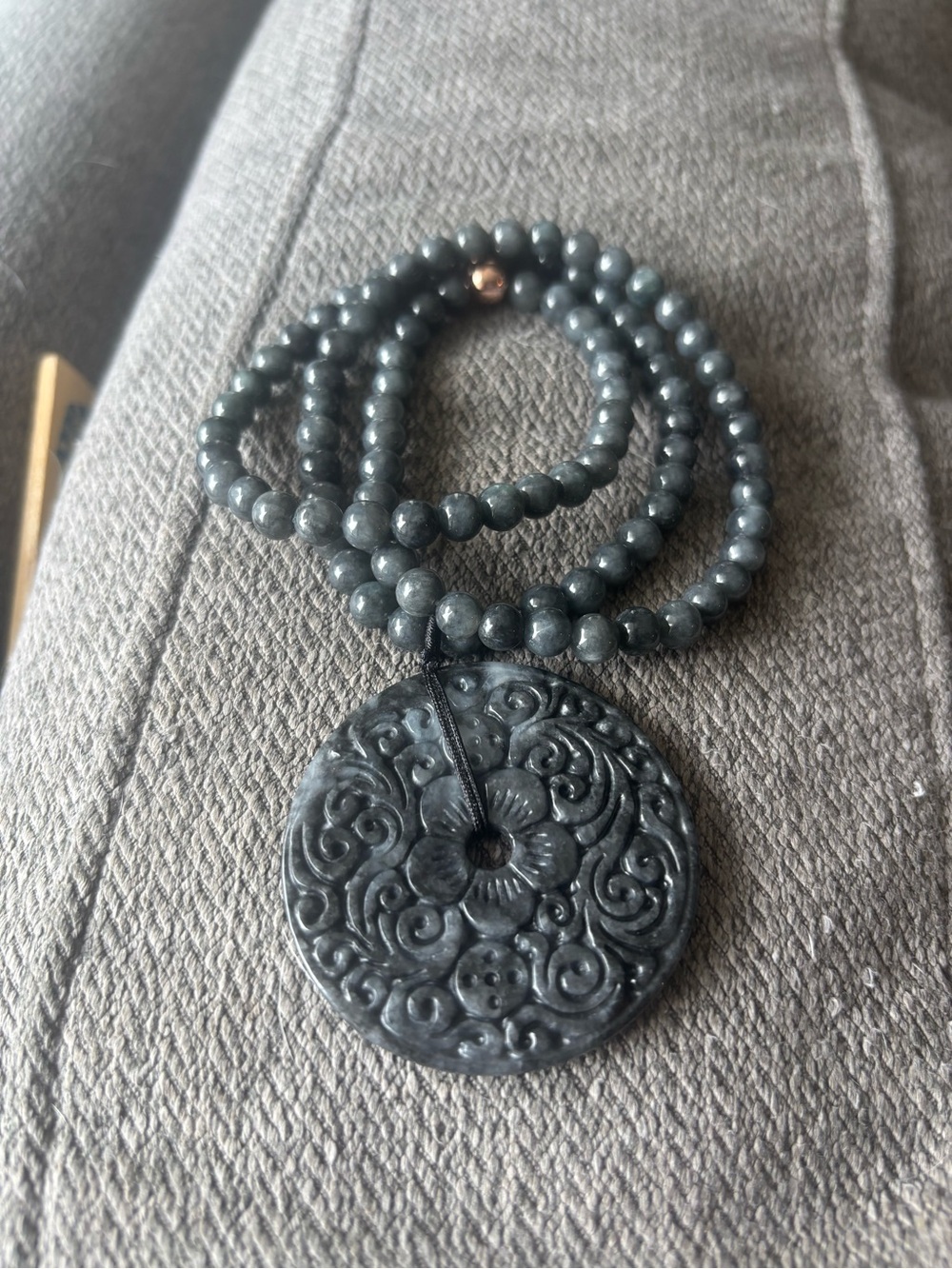 Beaded Black Floral Disc Wuji Jadeite Pendant Necklace